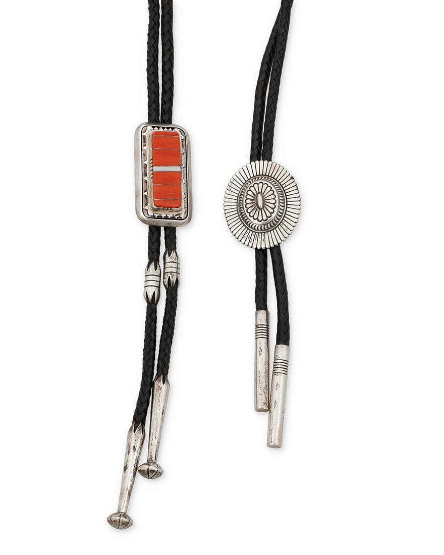 Two Southwest sterling silver bolo ties: Two Southwest sterling silver bolo ties Late 20th century Two works: Jennifer Curtis (b. 1964, Dine) A Navajo sterling silver bolo tie Stamped: Jr. Curtis [script]/ Sterling A heavy oval incised
