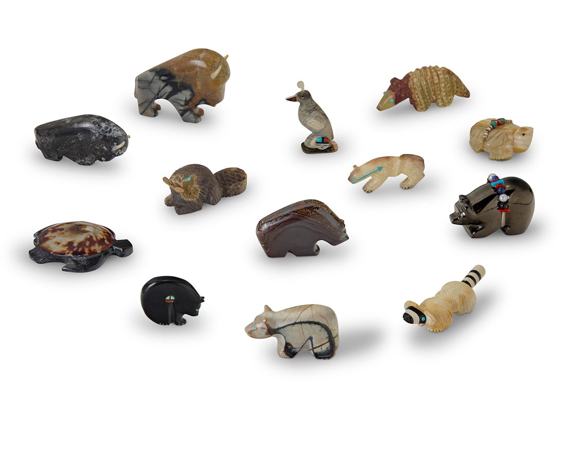 A group of Zuni carved stone fetish animals: A group of Zuni carved stone fetish animalsMid/late 20th century, mostly Zuni PuebloMost variously incised with signature, initials, or artist's cipherFrom artists including Cheryl Beyuka and Rodney L