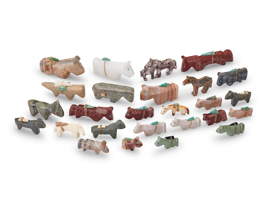 A group of Southwest Pueblo carved stone horse fetish figures: A group of Southwest Pueblo carved stone horse fetish figuresMid/late 20th century, mostly Zuni PuebloSix labeled for artist; one labeled: MartinezA group of carved stone figures, primarily horses, in