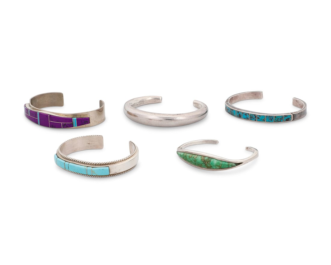 A group of Southwest style silver and stone set cuff bracelets (1 of 6)