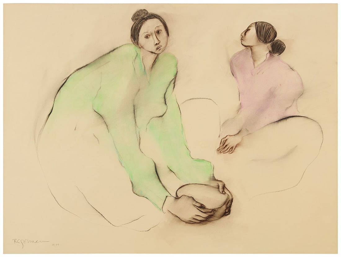 R.C. Gorman (1932-2005, Navajo/Dine), Two seated women, 1979: R.C. Gorman(1932-2005, Navajo/Dine)Two seated women, 1979Pastel on paperSigned and dated lower left: R.C. Gorman 1979Image/Sheet: 30" H x 40" W