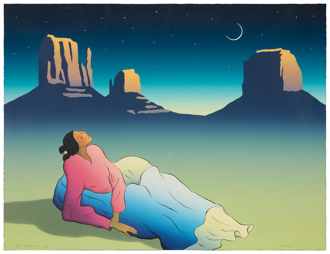 R.C. Gorman (1932-2005, Navajo/Dine), "Crescent Moon," 1987: R.C. Gorman(1932-2005, Navajo/Dine)"Crescent Moon," 1987Lithograph in colors on paperEdition: 181/225Signed, dated, and numbered in pencil along the lower edge: R.C. Gorman 1987, with the artist's bli