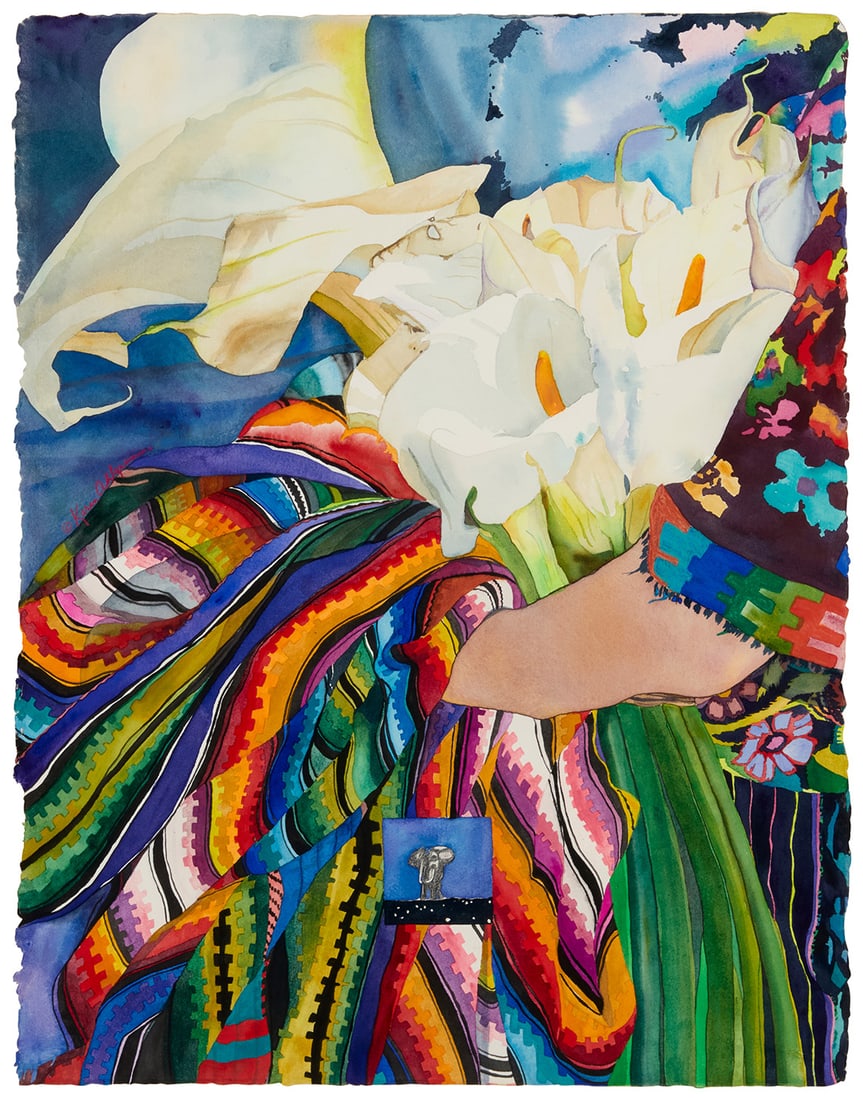 Karen Ahlgren (Active 21st century), Figure carrying lilies and a blanket: Karen Ahlgren(Active 21st century)Figure carrying lilies and a blanketWatercolor on paperSigned near the center of the left edge: © Karen AhlgrenImage/Sheet: 30" H x 23" W Provenance:Moond