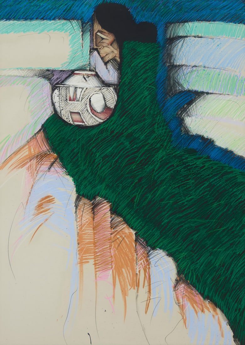 Amado Maurillo PeÒa (b. 1943, Pascua Yaqui), Figure and pot: Amado Maurillo PeÒa(b. 1943, Pascua Yaqui)Figure and potPastel and acrylic on paperSigned in pencil upper left: Amado Maurillo PeÒaSight: 41" H x 29" W