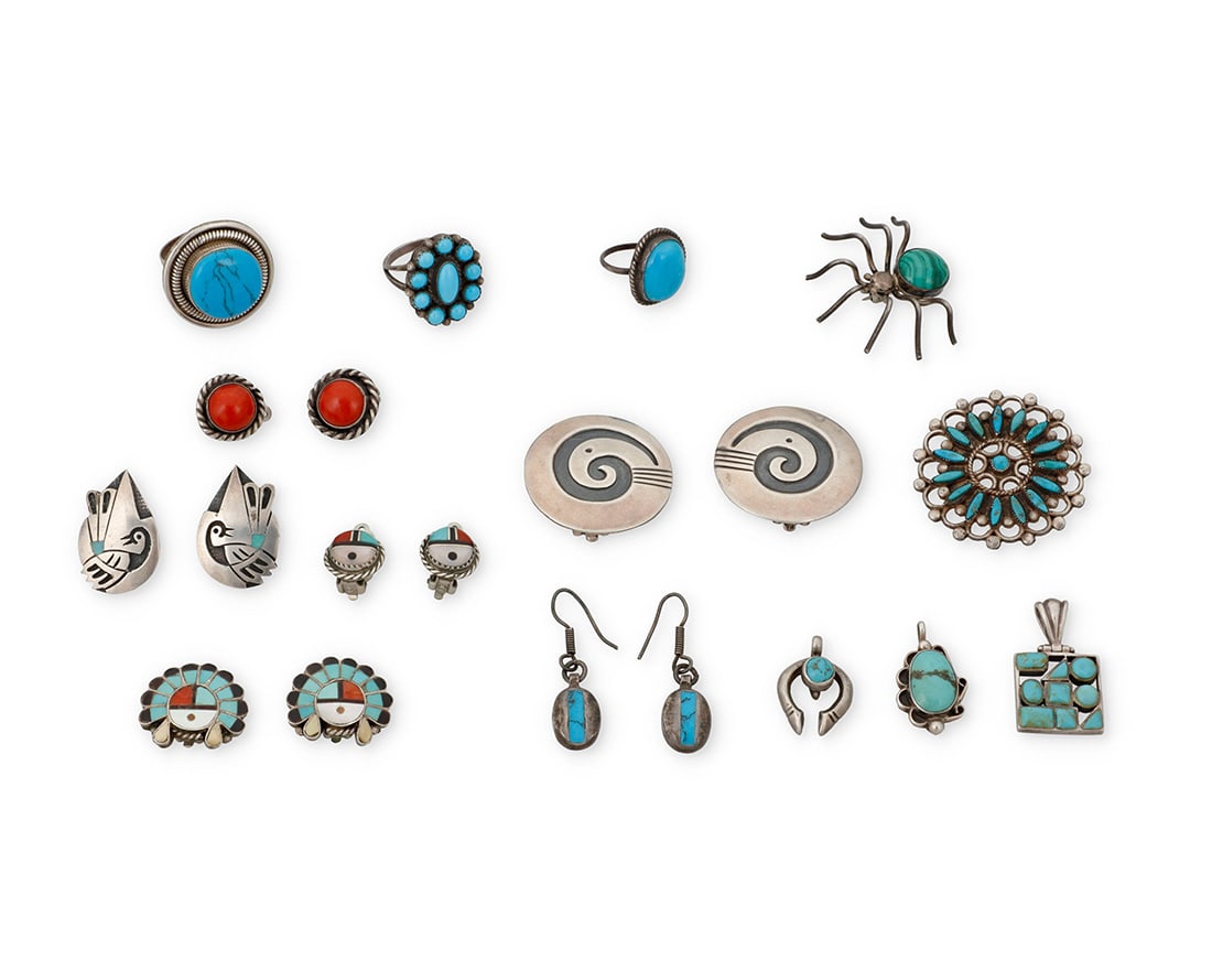 A group of Southwest silver and stone set jewelry: A group of Southwest silver and stone set jewelryMid/late 20th centuryFourteen works:Victor Coochwytewa (1922-2011, Hopi)A pair of Hopi silver overlay disc earringsStamped with artist's picto: [cloud