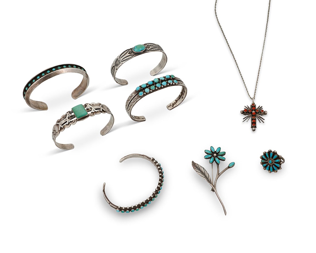 A group of Southwest silver and turquoise jewelry: A group of Southwest silver and turquoise jewelryMid/late 20th centuryOne marked: LBComprising three row-set petit point silver turquoise cuff bracelets including a single wire cuff and a double wire