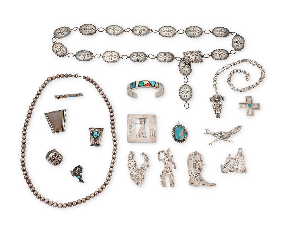 A large group of Southwest style silver and turquoise jewelry: A large group of Southwest style silver and turquoise jewelryMid/late 20th centuryVariously marked for maker and/or for sterling: C Prior / Kevin Beltz 1988 / gt / Mexico / Grady AlexanderComprising a
