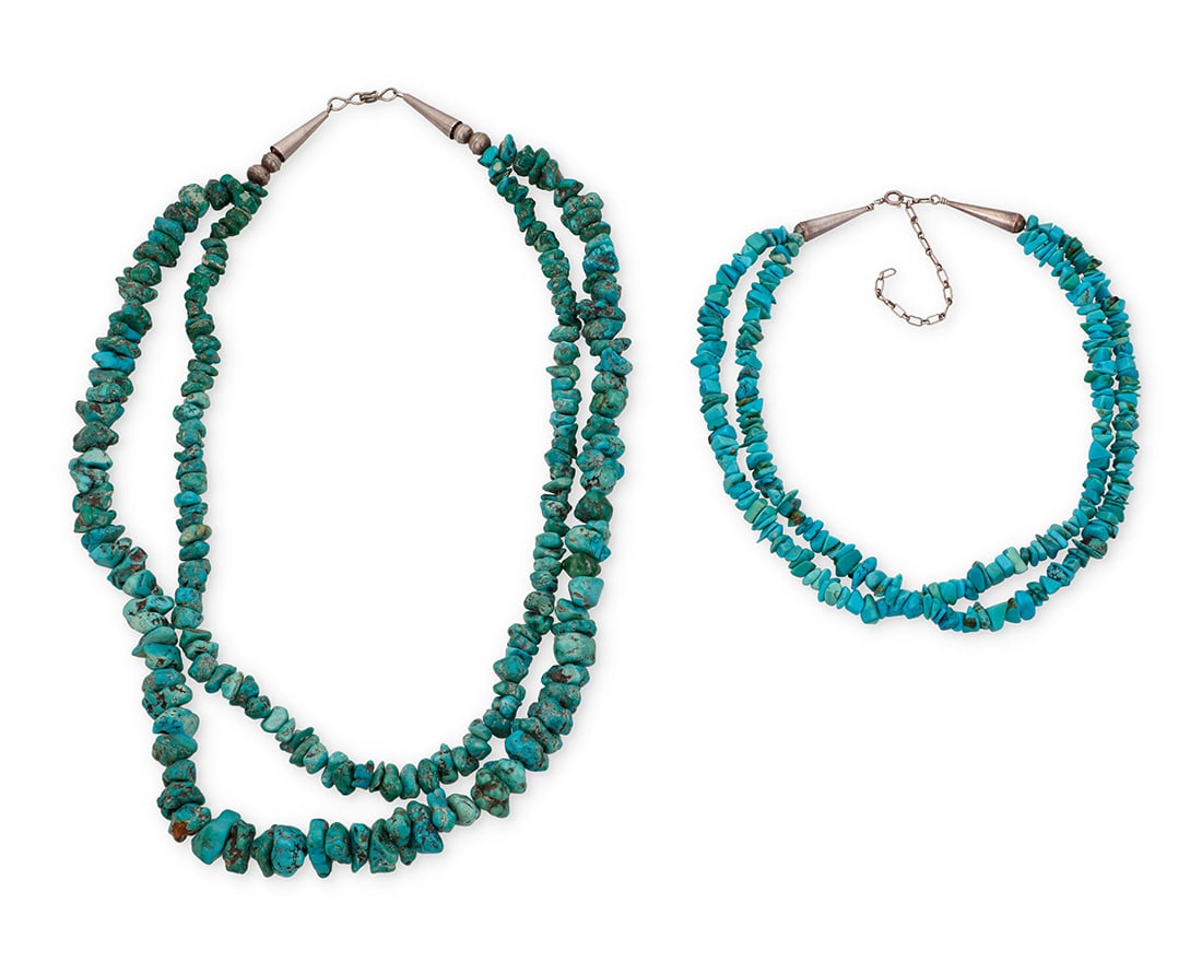 Two Southwest turquoise beaded necklaces: Two Southwest turquoise beaded necklacesMid/late 20th centuryOne clasp stamped: 925Comprising a chunky double-strand necklace with graduated turquoise nuggets, as well as a small double-strand turquoi