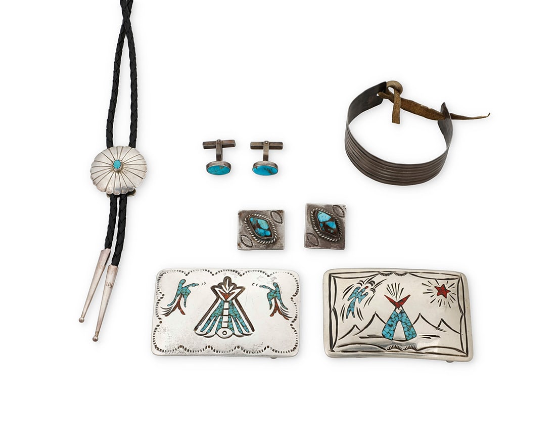 A group of Southwest silver jewelry: A group of Southwest silver jewelryLate 19th/20th centurySix works:Willie Nezzie (b .1950, Dine)A Navajo turquoise and coral chipped mosaic inlay belt buckleStamped: WNWith pictorial landscape and "te