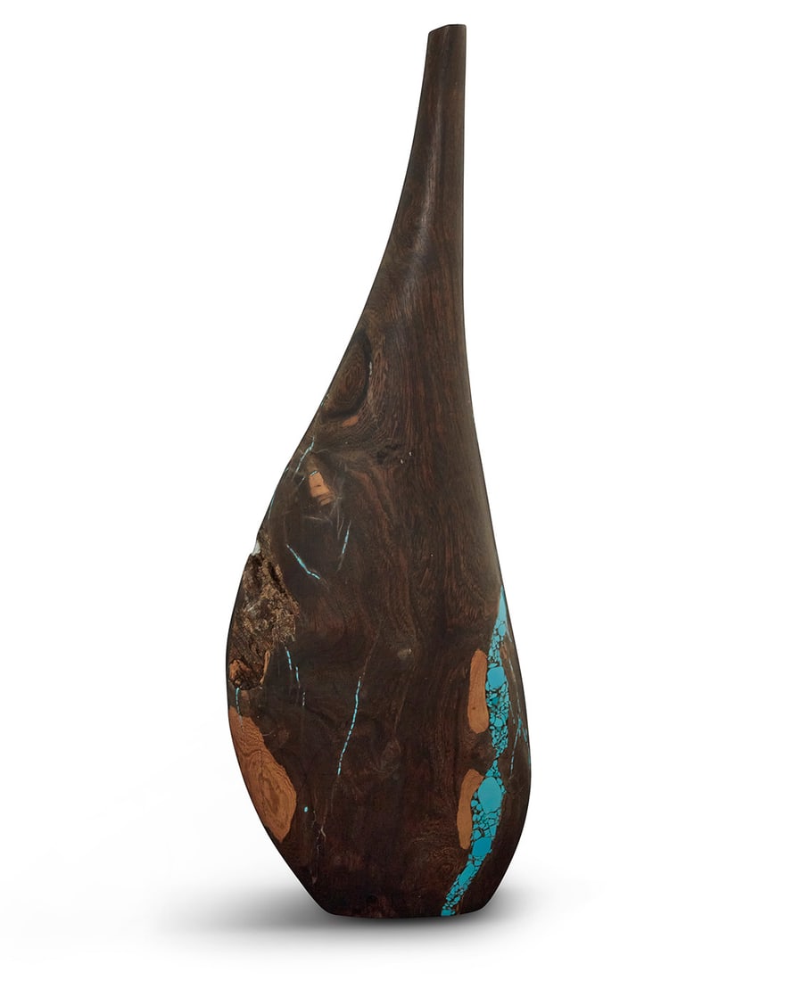Lawrence Favorite (b. 20th century), An ironwood and turquoise vase, late 20th century: Lawrence Favorite (b. 20th century)An ironwood and turquoise vase, late 20th centuryIncised signature to underside: L. FavoriteWith in-filling and inlaid turquoise elements16.75" H x 5.625" W x 2.625"