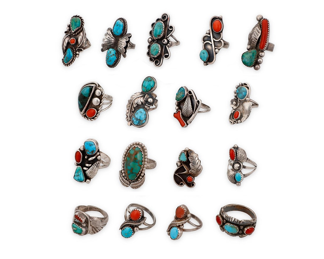A group of Southwest silver and turquoise rings: A group of Southwest silver and turquoise ringsMid/late 20th centuryFive variously marked for maker and/or for sterling: S / N / JT [for Jessie Thompson, Navajo/Dine] / Jim Tow [?, etched]Comprising s