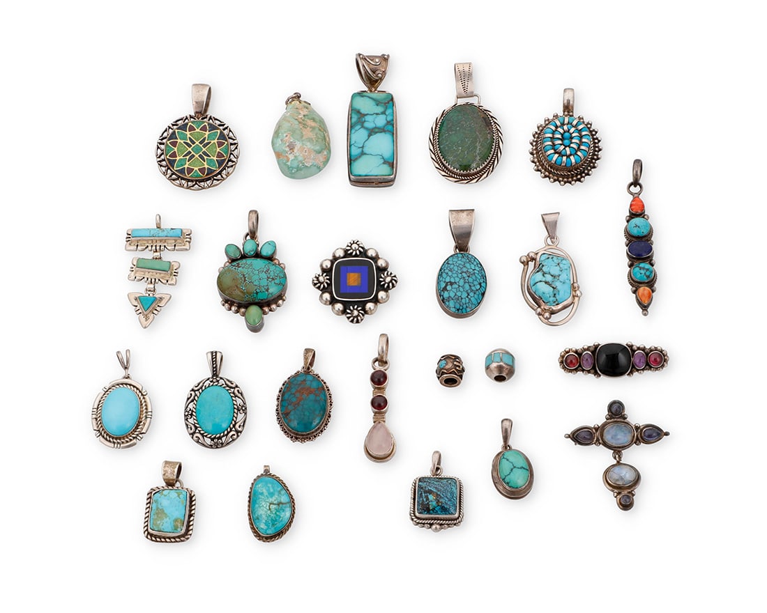 A group of Southwest style silver and stone set jewelry: A group of Southwest style silver and stone set jewelryMid/late 20th centuryMost variously marked for maker and/or for sterling: A.J. / ES / DMD / Mexico TM-13 / CII / SF / JGD / Q.T. © [for Quoc Tur
