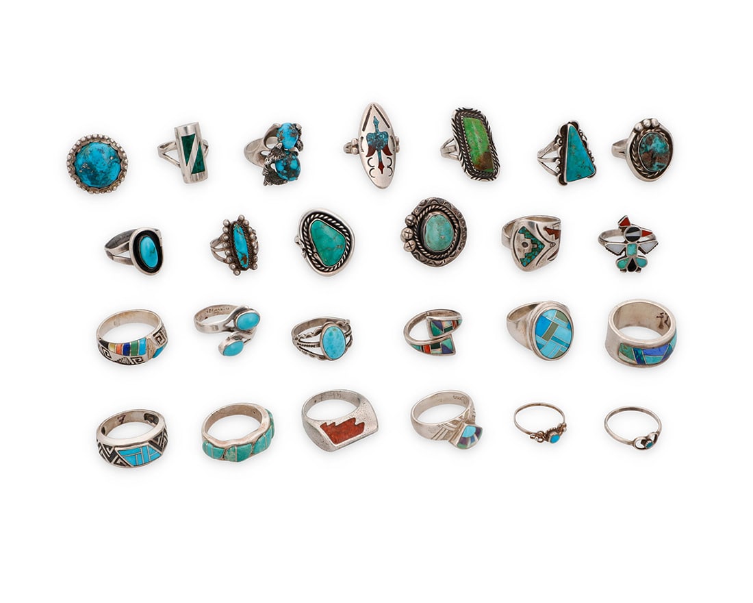 A group of Southwest silver and turquoise rings: A group of Southwest silver and turquoise ringsMid/late 20th centuryTen variously marked for maker and/or for sterling: RL / V SD / Mexico / ST / AK / CR [Carolyn Pollack Relios Inc.]Comprising thirte