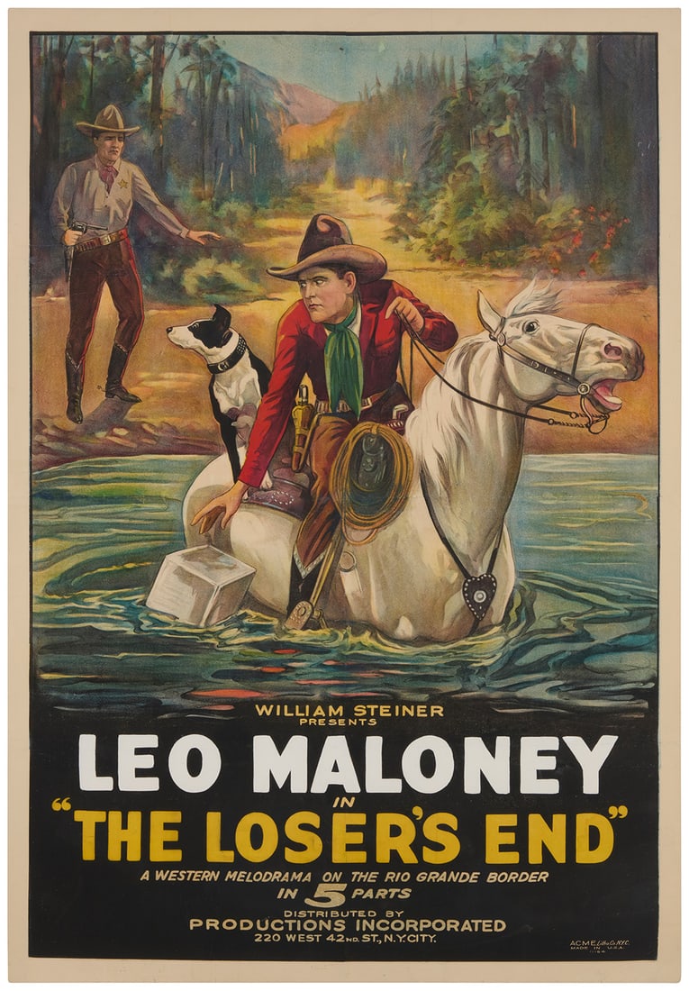 Western Movie Poster for "The Losers End," circa 1914: Western Movie Poster for "The Losers End," circa 1914Lithograph in colors on paper laid to canvasFrom the edition of unknown sizeAcme Litho. Co., New York, NY, prntr., with their name and presumably t