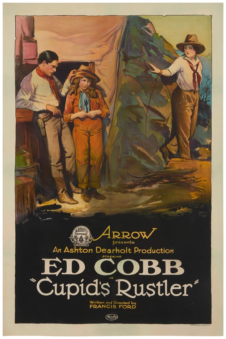Western Movie Poster for "Cupid's Rustler," circa 1924: Western Movie Poster for "Cupid's Rustler," circa 1924Lithograph in colors on paper laid to canvasFrom the edition of unknown sizeRitchey Litho. Corp., Omaha, NE, with their name printed in the image