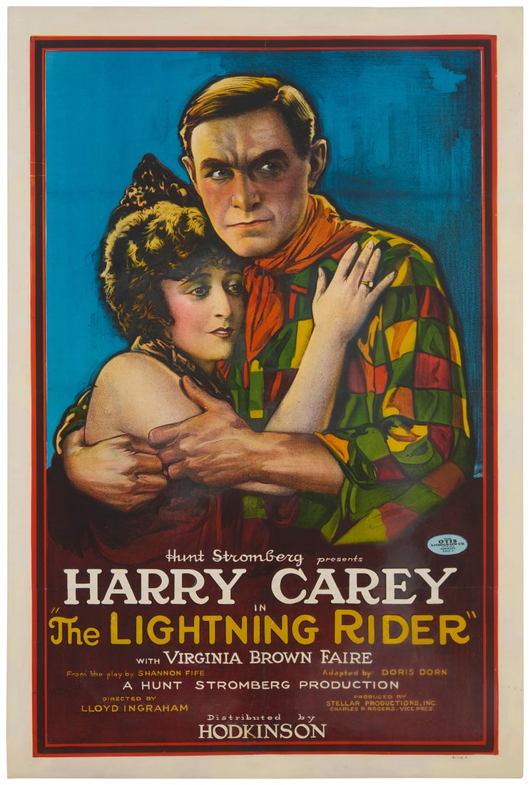 Western Movie Poster for "The Lightning Rider," circa 1924: Western Movie Poster for "The Lightning Rider," circa 1924Lithograph in colors on paper laid to canvasFrom the edition of unknown sizeThe Otis Lithograph Co., Cleveland, OH, prntr., with their name an