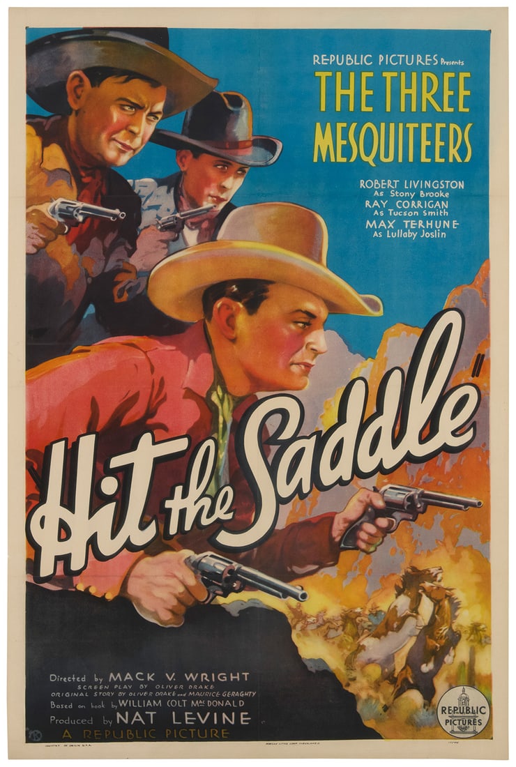 Movie Poster for "Hit the Saddle," from "The Three Mesquiteers" series, 1937: Movie Poster for "Hit the Saddle," from "The Three Mesquiteers" series, 1937Offset lithograph in colors on paper laid to canvasFrom the edition of unknown sizeMorgan Litho. Corp., Cleveland, OH, prntr