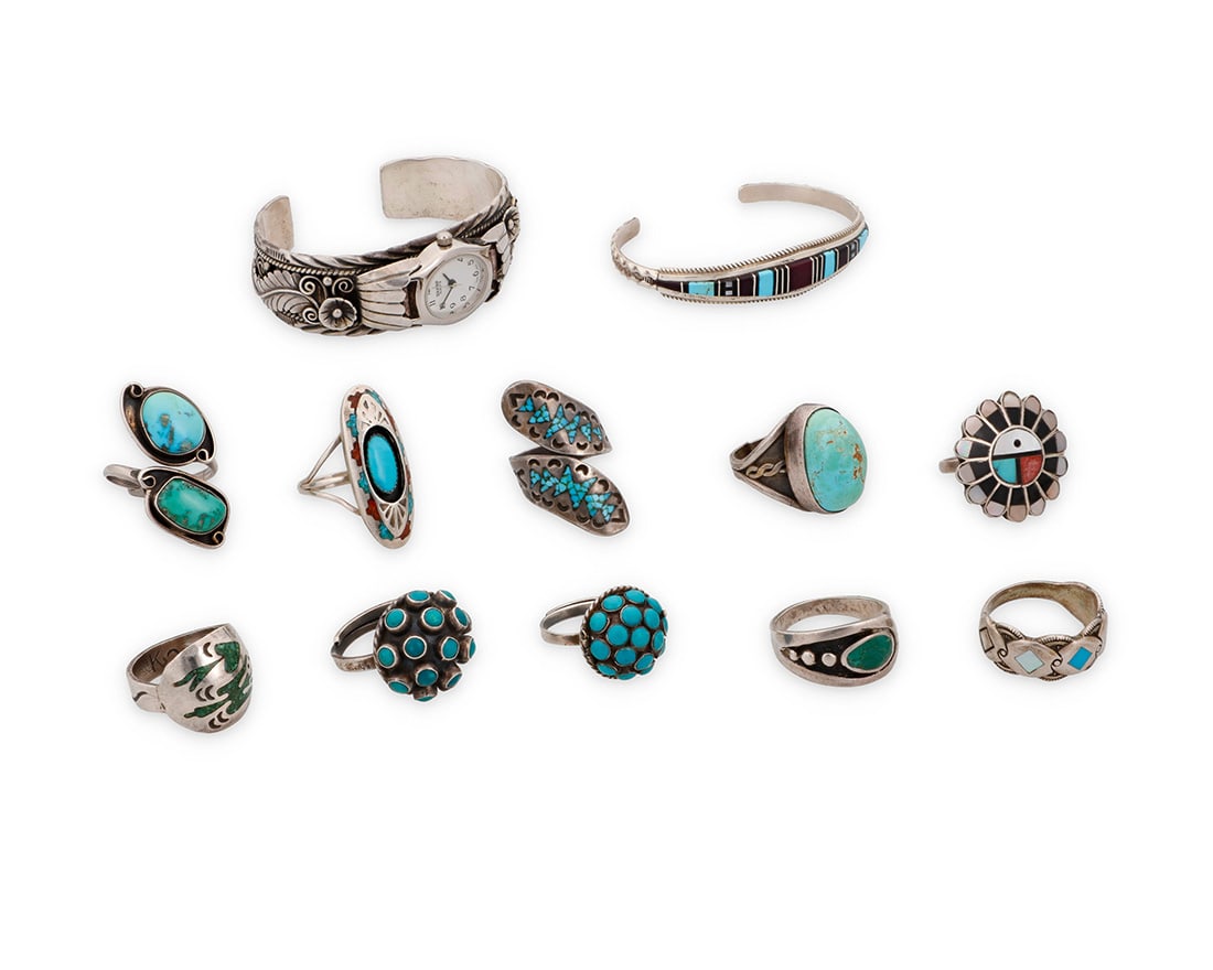 A group of Southwest style jewelry: A group of Southwest style jewelryMid/late 20th centuryEight variously marked for maker and/or for sterling: SC / [double-struck indistinct possibly D. Banteah] / MS Mexico [Eagle 107] / Circle J.W. /