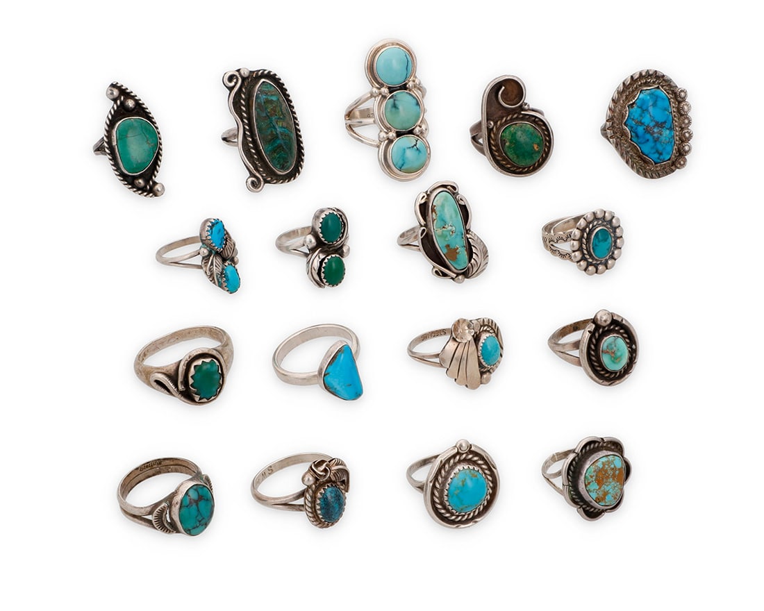 A group of Southwest style silver and turquoise rings: A group of Southwest style silver and turquoise ringsMid/late 20th centuryNine variously marked for maker and/or for sterling: Effie C. Zuni [for Effie Calavaza, 1927-2019] / SW / RH / SS / Mexico [Ea