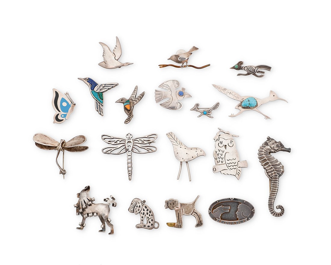 A group of sterling silver and set stone figural brooches: A group of sterling silver and set stone figural broochesMid/late 20th centuryMost variously marked for maker and/or for sterling: B.W. / A&J H Mexico / MB / M / Joalen [etched] / Mexico / Sue B. / Wi