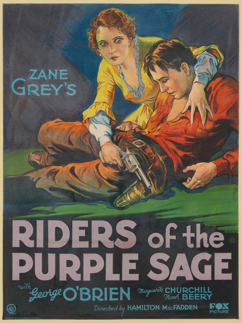 Western Movie Poster for "Riders of the Purple Sage," circa 1931: Western Movie Poster for "Riders of the Purple Sage," circa 1931Lithograph in colors on paper laid another sheet of paper or possibly canvasFrom the edition of unknown sizeH. C. Miner Litho. Co., New