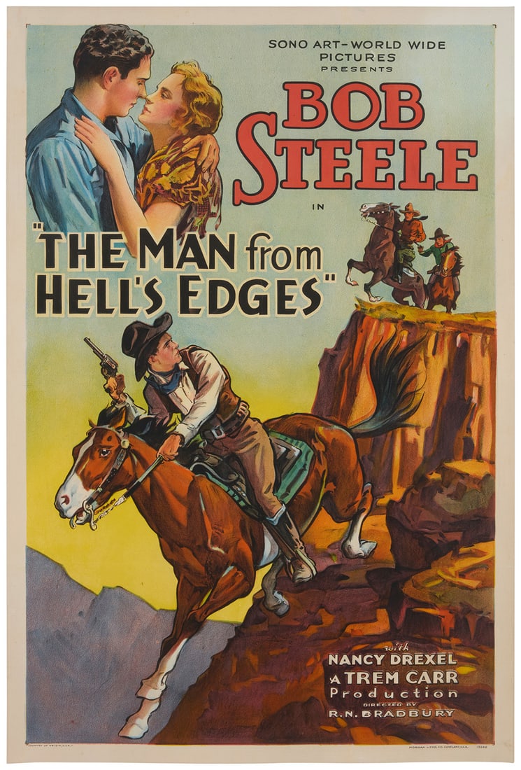 Western Movie Poster for "The Man from Hell's Edges," circa 1932: Western Movie Poster for "The Man from Hell's Edges," circa 1932Lithograph in colors on paper laid to canvasFrom the edition of unknown sizeMorgan Litho. Co., Cleveland, OH, prntr., with their name an