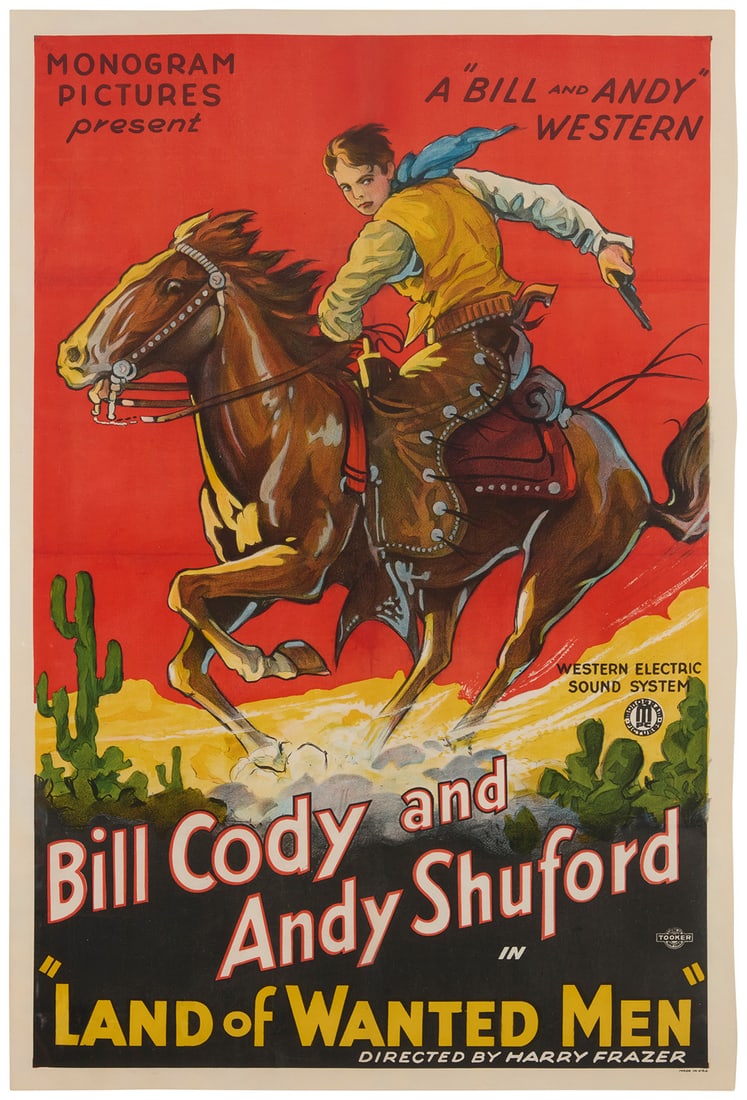 Western Movie Poster for "Land of Wanted Men," circa 1931: Western Movie Poster for "Land of Wanted Men," circa 1931Lithograph in colors on paper laid another sheet of paper or possibly canvasFrom the edition of unknown sizeTooker Litho. Co., New York, NY, pr