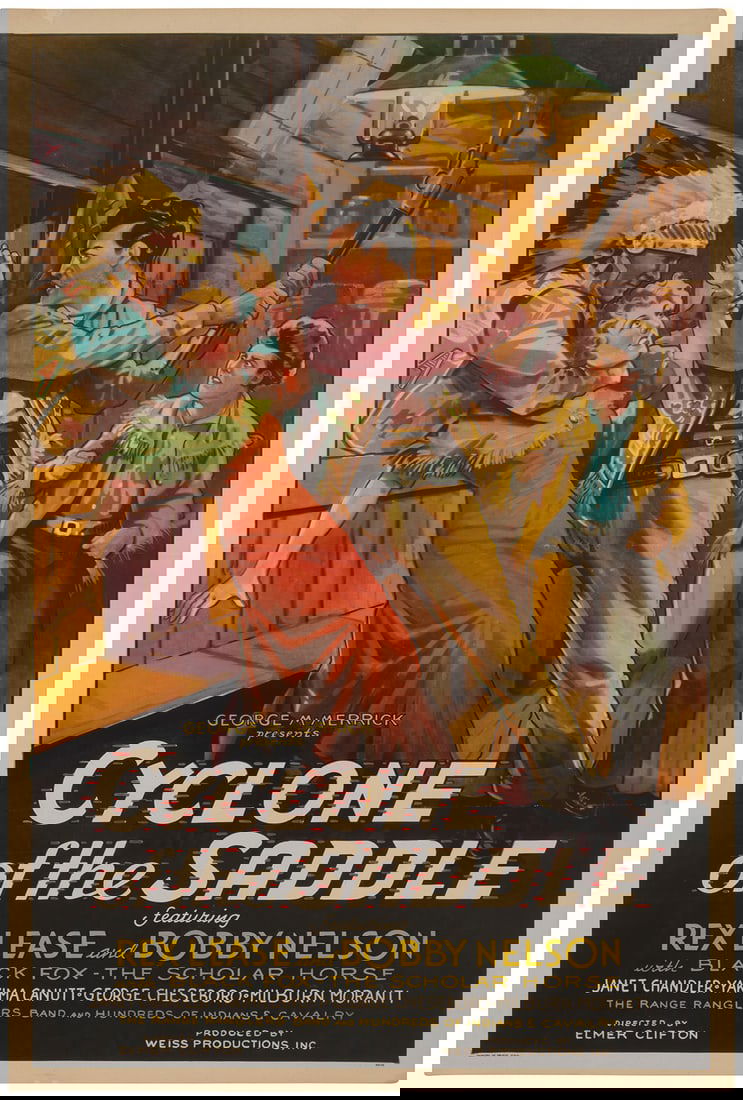 Movie Poster for "Cyclone of the Saddle," circa 1935: Movie Poster for "Cyclone of the Saddle," circa 1935Offset lithograph in colors on paper laid to canvasFrom the edition of unknown sizeNo printing company credited on the poster; a very small line of
