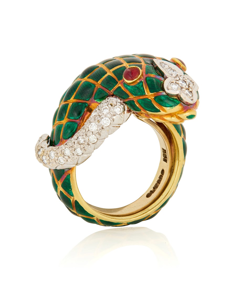 David Webb: An 18K Bi-Color Gold, Enamel and Diamond Snake Ring (1 of 6)