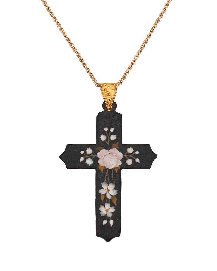 A Victorian Gold Pietra Dura Pendant Necklace (1 of 4)