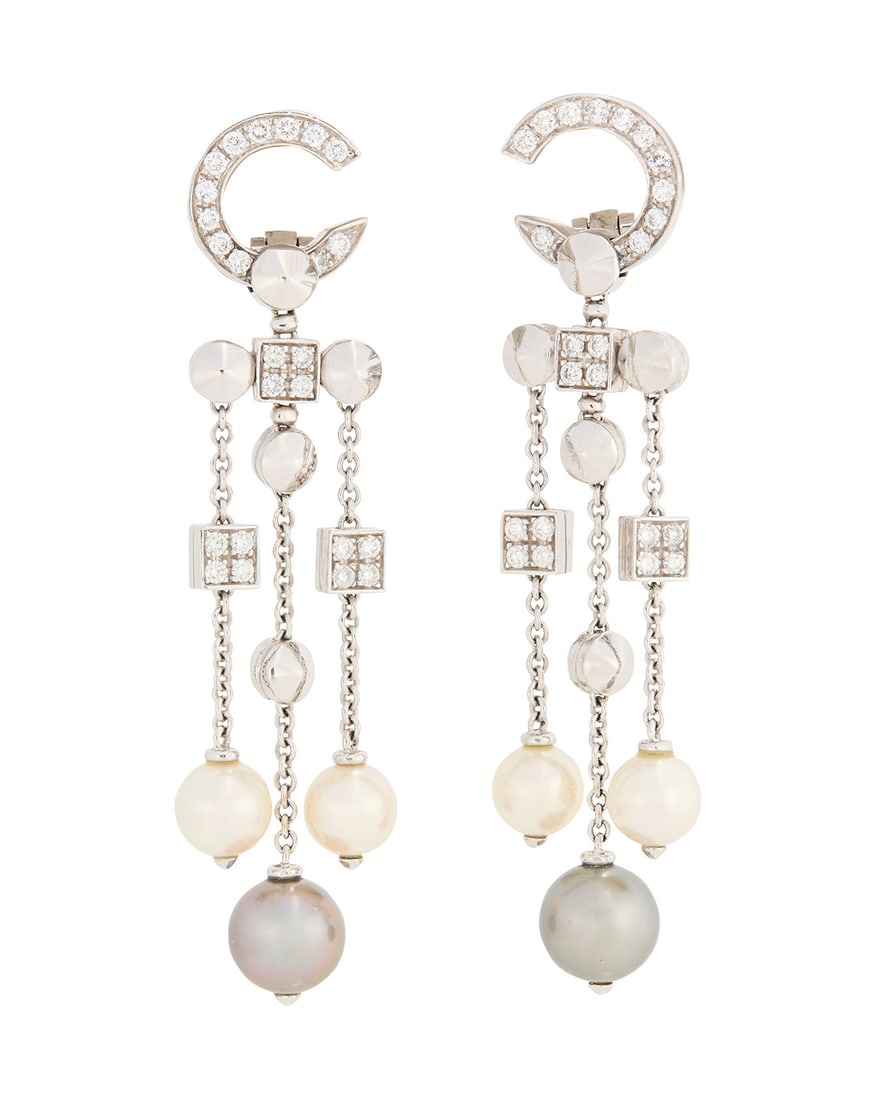 Bulgari: A Pair of 18K White Gold, Cultured Pearl and Diamond 'Lucea' Earrings: Bulgari: A Pair of 18K White Gold, Cultured Pearl and Diamond 'Lucea' Earrings Of a pendant design featuring geometric white gold motifs set with round diamonds weighing approximately 0.96 carat,