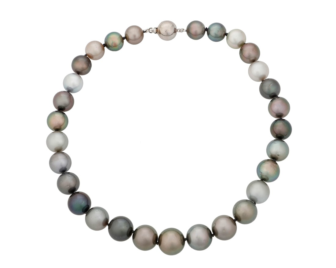 A 14K White Gold and Cultured Pearl Necklace: A 14K White Gold and Cultured Pearl Necklace Of a single strand design featuring graduated Tahitian cultured pearls measuring approximately 11.30 - 14.70 mm, finished with a white gold sphere clasp 