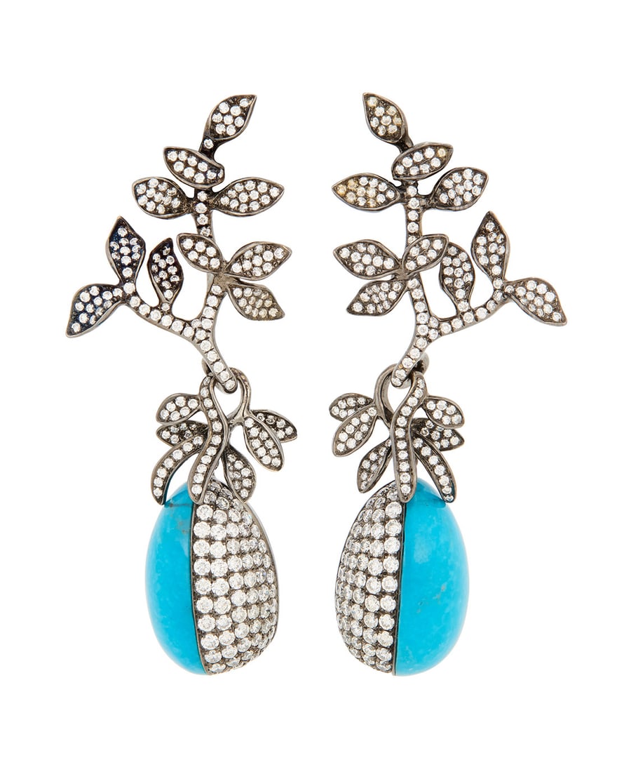 A Pair of Blackened 18K Gold, Turquoise and Diamond Earrings: A Pair of Blackened 18K Gold, Turquoise and Diamond Earrings Of foliate design featuring round diamonds weighing approximately 6.28 crats, suspending drops set with round diamonds and turquoise
