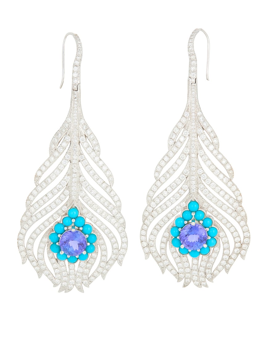Cynthia Bach: A Pair of 18K White Gold, Tanzanite, Turquoise and Diamond Earrings: Cynthia Bach: A Pair of 18K White Gold, Tanzanite, Turquoise and Diamond Earrings Of a peacock feather design centering two round tanzanite's encircled by round turquoise cabochons, finished with