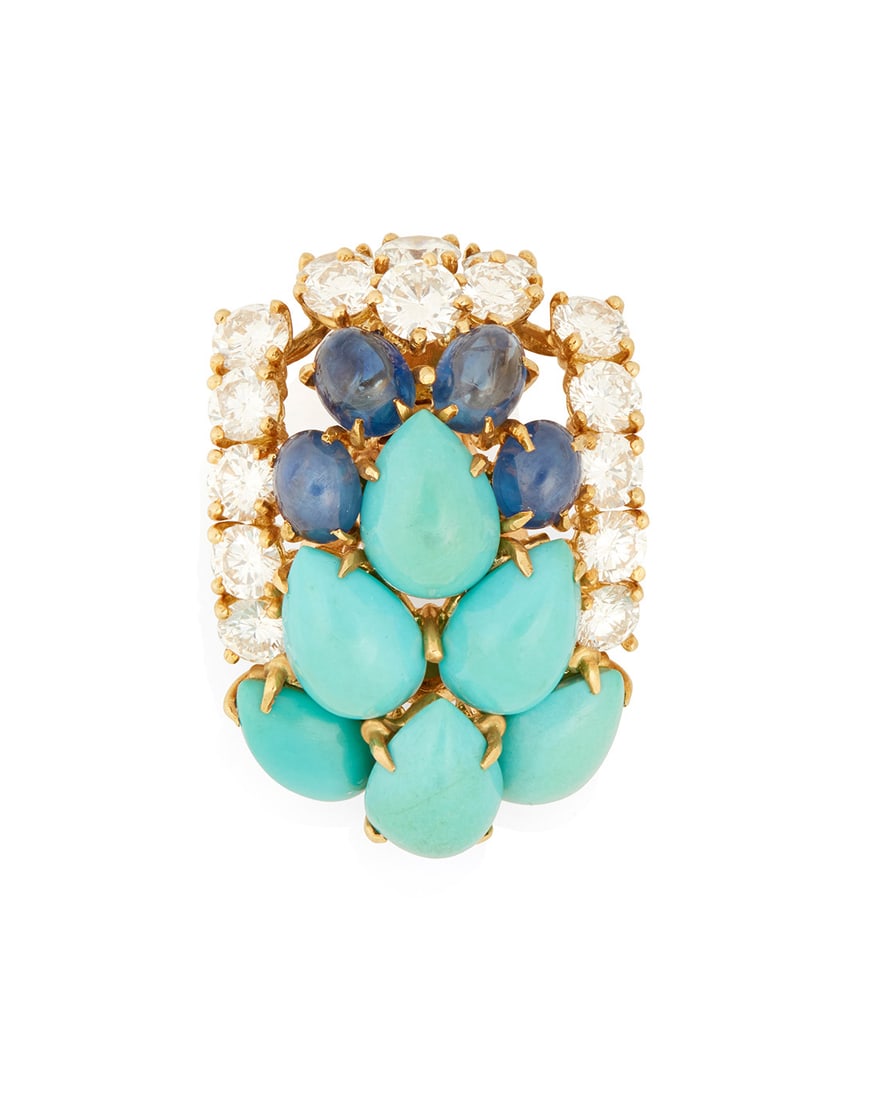 M. Gerard: An 18K Gold, Gem-Set and Diamond Pendant: M. Gerard: An 18K Gold, Gem-Set and Diamond Pendant Originally an earring turned pendant featuring oval sapphire cabochons, pear-shaped turquoise cabochons and finished with round diamonds weighing