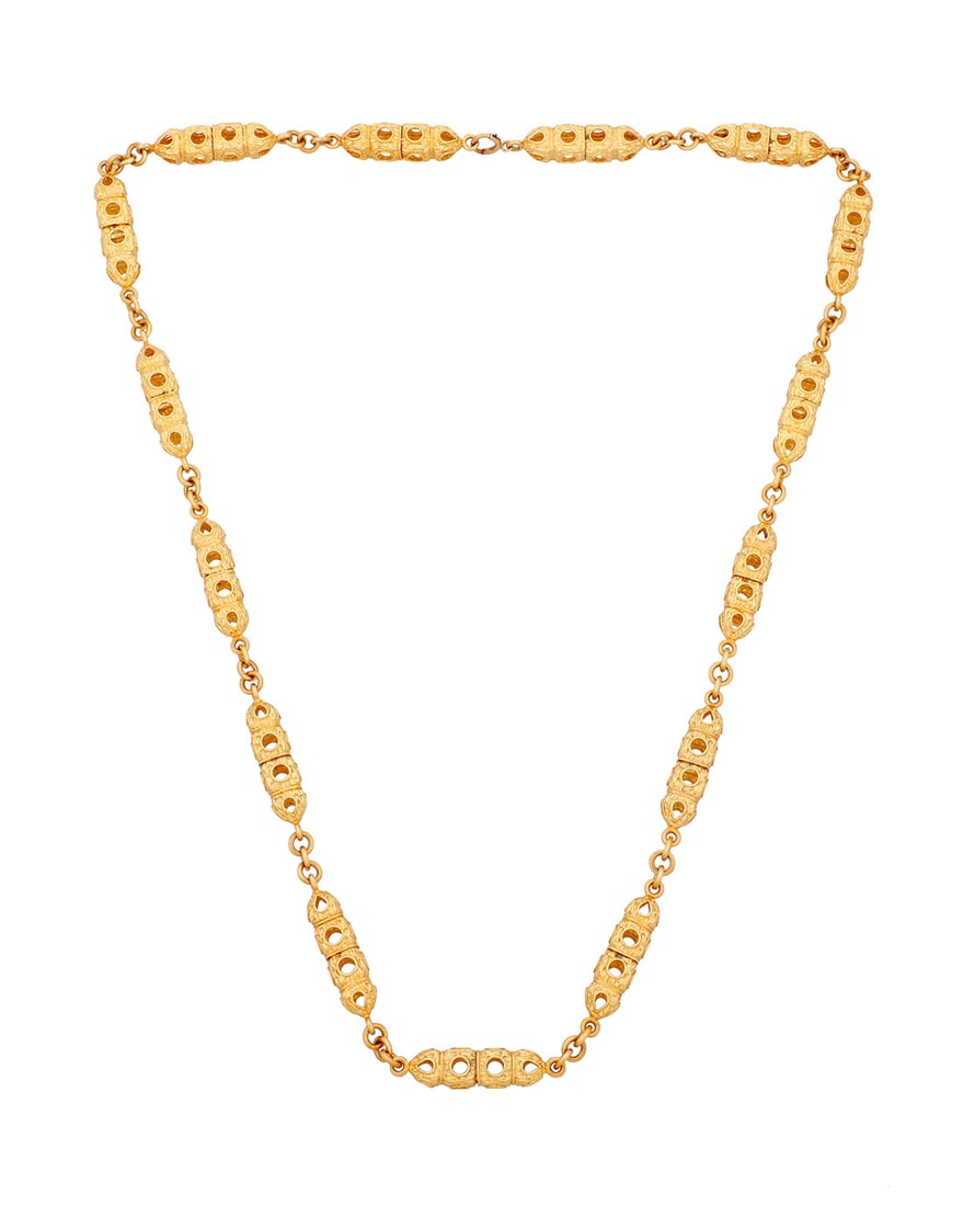 A Gold Chain necklace: A Gold Chain necklace Of a station design featuring 18k gold ornate openwork links finished with a 14k gold clasp Length: 32 in. 151.2 grams gross This lot is being offered with no reserve