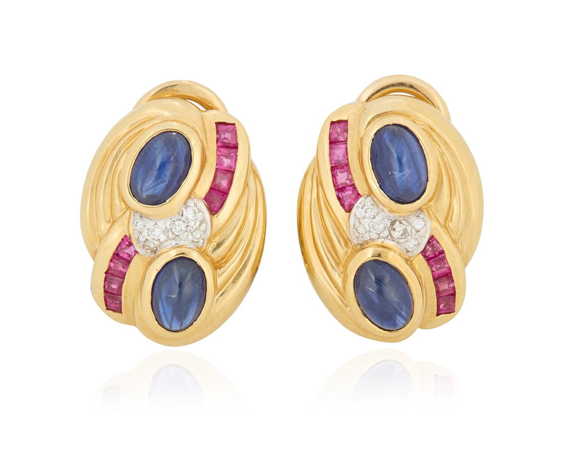 A Pair of 18K Gold, Sapphire, Ruby, and Diamond Earrings (1 of 3)