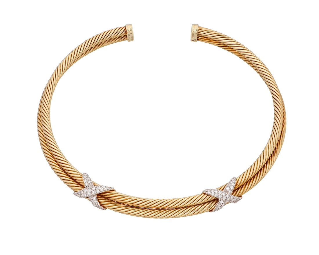 David Yurman: A 14K Bi-Color Gold and Diamond 'Cable X' Collar Necklace: David Yurman: A 14K Bi-Color Gold and Diamond 'Cable X' Collar Necklace Of a tiered cabled gold design featuring two 'X' motifs set with round diamonds weighing approximately 1.20 carats, signed D.