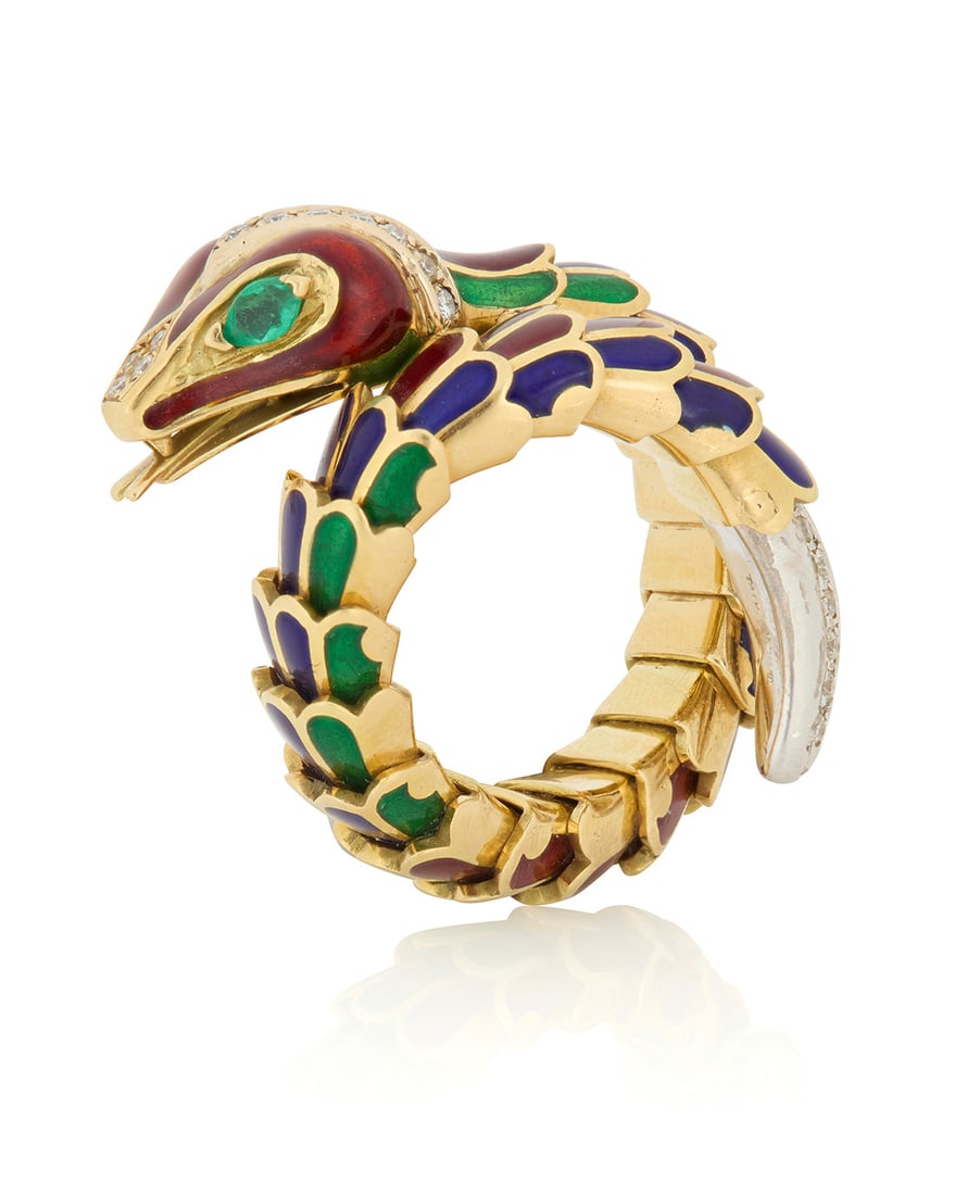 An 18K Gold, Enamel and Emerald Snake Ring (1 of 6)