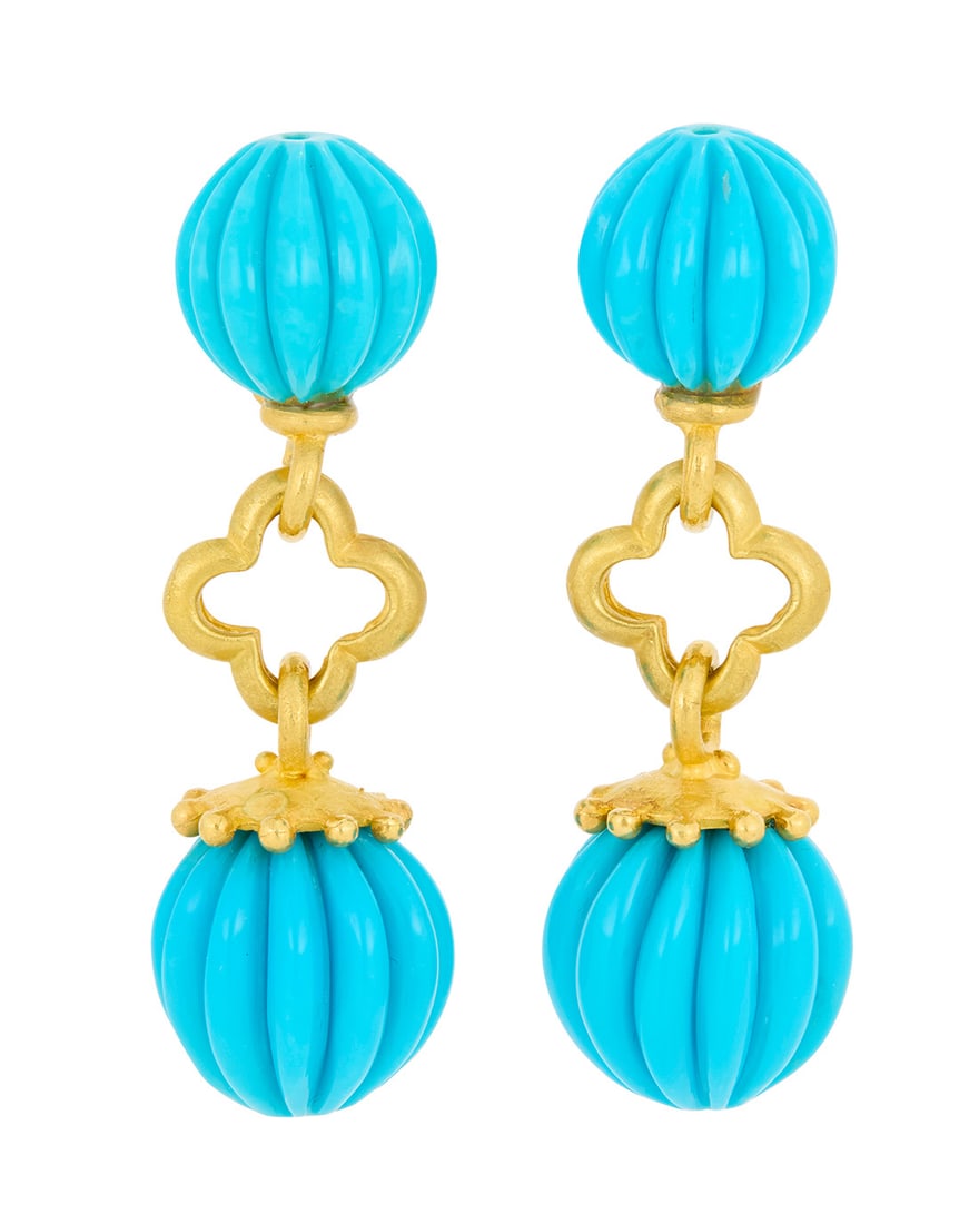 A Pair of 18K Gold and Turquoise Earrings: A Pair of 18K Gold and Turquoise Earrings Featuring four fluted turquoise beads measuring approximately 13.00 x 15.60 mm suspended from a satin finish quatrefoil element, with makers marks 2 pieces 