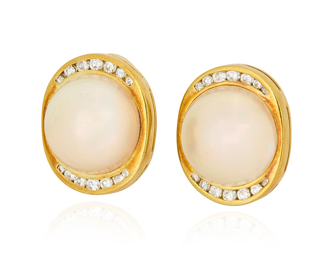 A Pair of 18K Gold, Mabe Pearl and Diamond Earrings (1 of 4)
