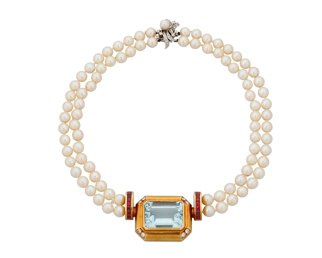 A Gold, Aquamarine, Synthetic Ruby and Cultured Pearl Necklace (1 of 4)