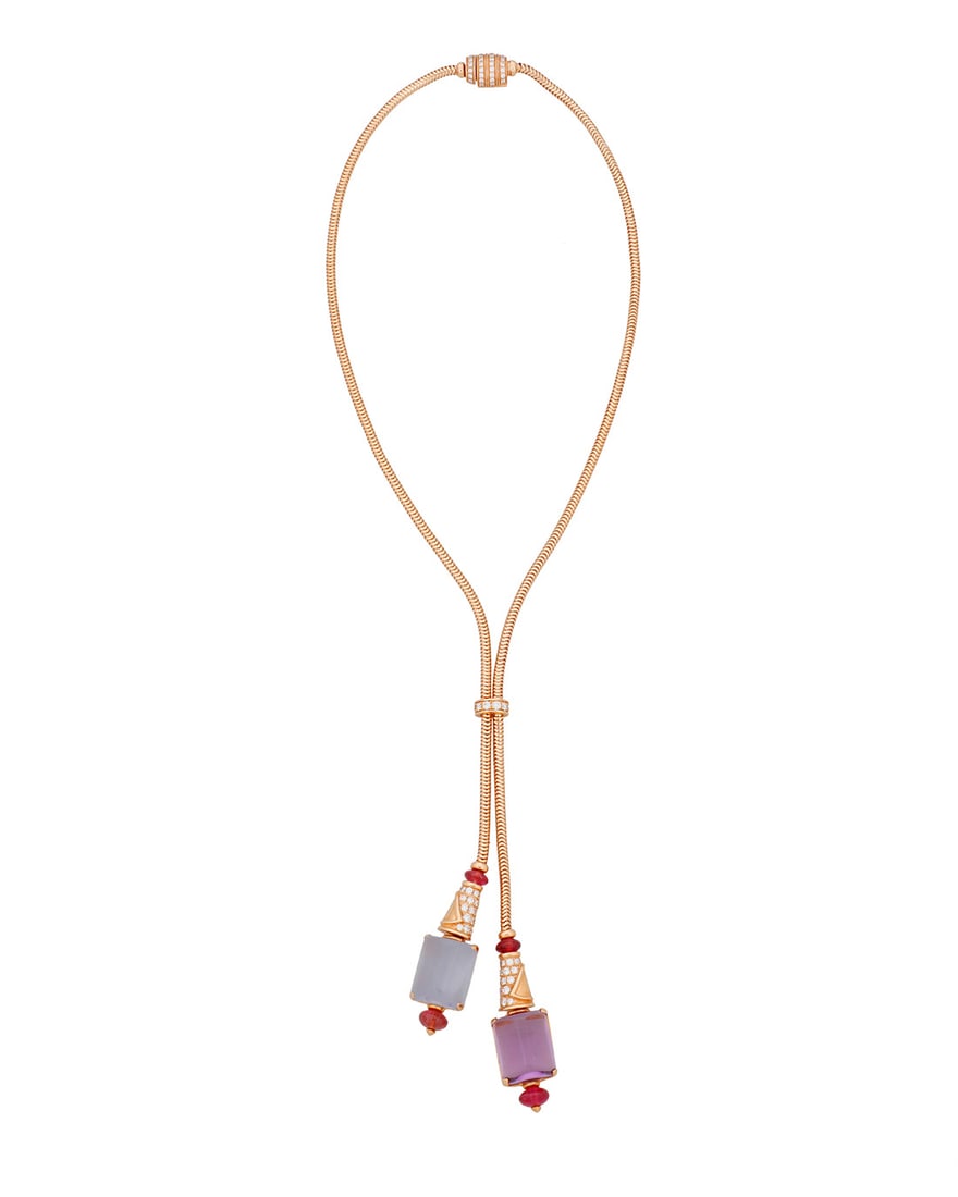 Bulgari: An 18K Rose Gold, Gem-Set and Diamond 'MVSA' Lariat Necklace: Bulgari: An 18K Rose Gold, Gem-Set and Diamond 'MVSA' Lariat NecklaceFeaturing two carved rectangular elements of blue chalcedony and amethyst, flanked by rubellite tourmaline beads and round diamonds
