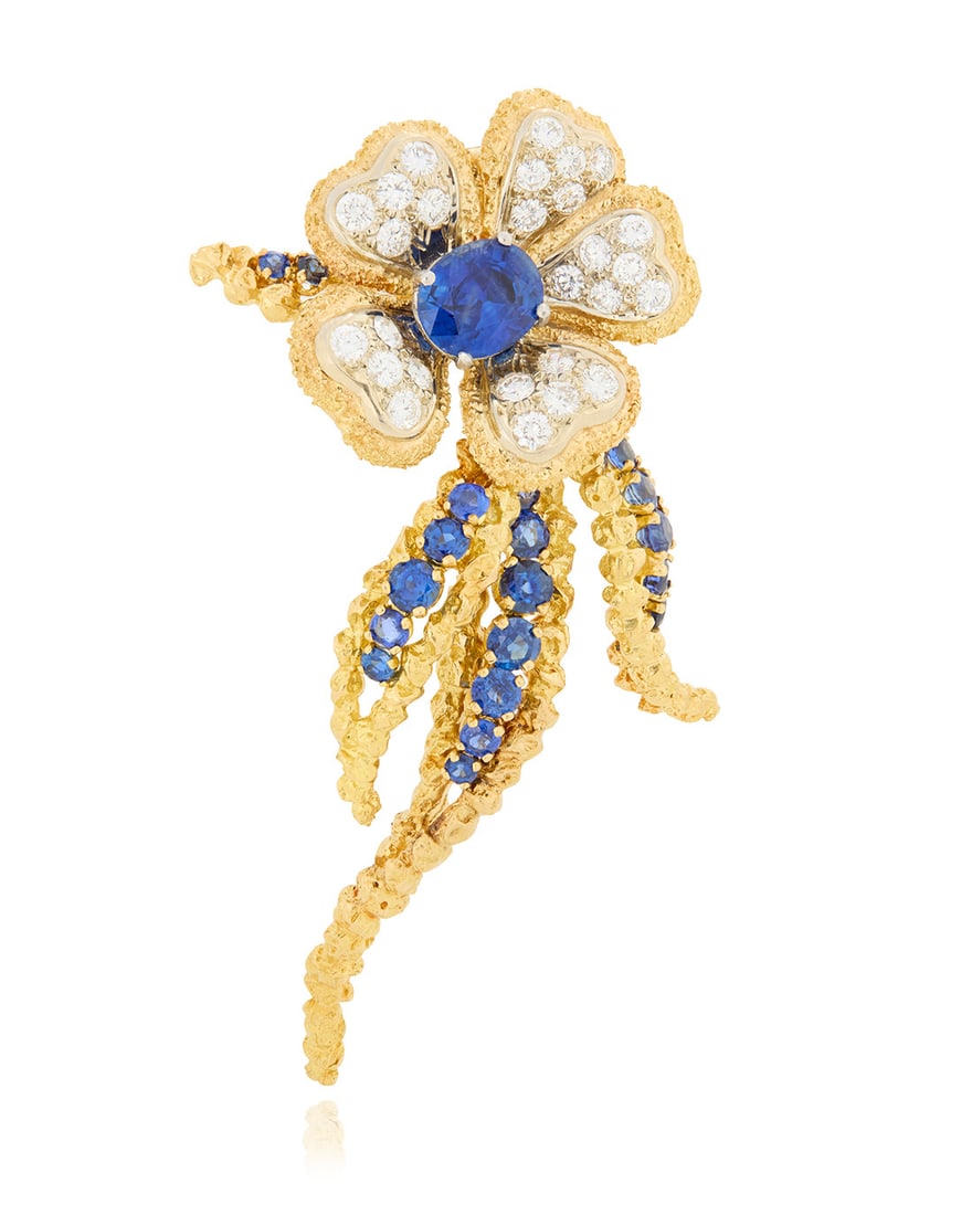 An 18K Bi-Color Gold, Sapphire, and Diamond Flower Brooch (1 of 4)
