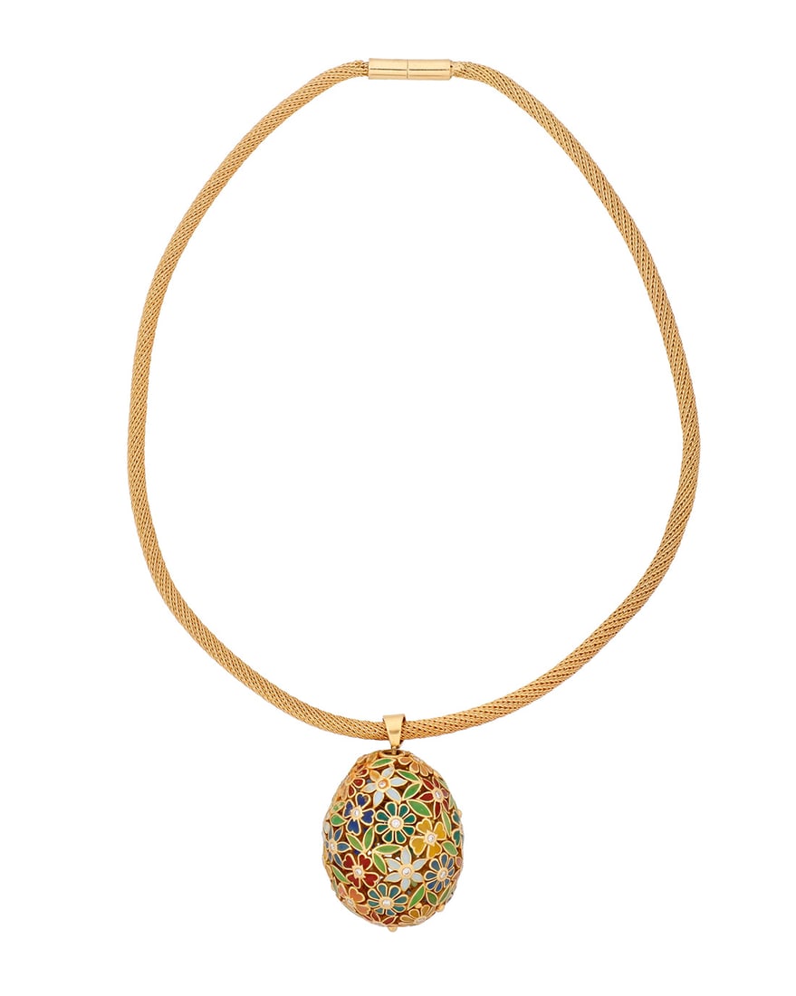A Gold, Enamel and Diamond Necklace: A Gold, Enamel and Diamond Necklace Featuring an 14k gold floral open work egg pendant featuring pink, blue, green, white and red enamel accented by round diamonds weighing approximately 0.30 carat,