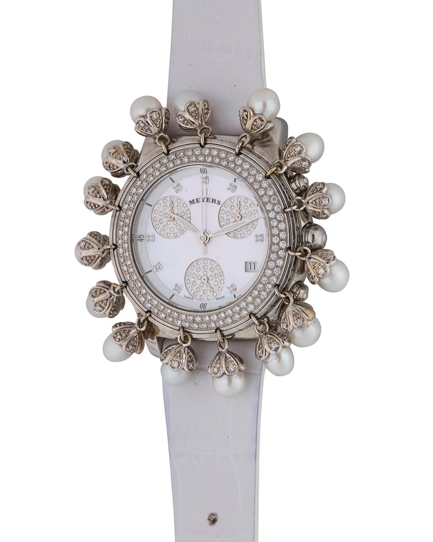 Meyers: A Stainless-Steel, Diamond and Cultured Pearl Watch: Meyers: A Stainless-Steel, Diamond and Cultured Pearl WatchDial: 27.00 mm, with a round mother-of-pearl dial with diamond hour markers and three diamond set subsidiary dials, accented by dangling drop