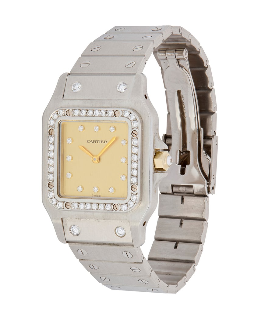 Cartier: A Platinum and Diamond 'Santos' Watch: Cartier: A Platinum and Diamond 'Santos' WatchDial: 18.50 mm, a square dial with diamond set hour markers, accented by round diamonds weighing approximately 0.72 caratCase: 30.00 mmCase number:† 296