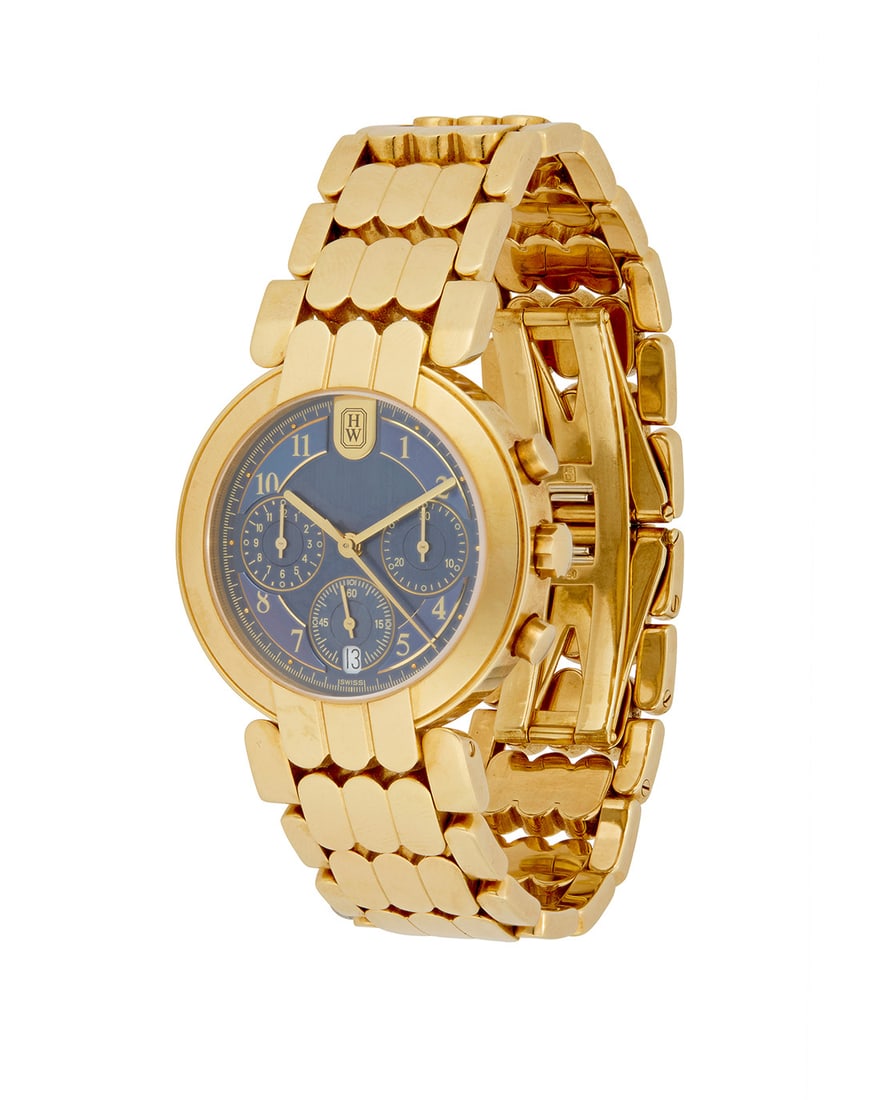 Harry Winston: An 18K Gold 'Premier Chronograph' Watch: Harry Winston: An 18K Gold 'Premier Chronograph' WatchDial: 30.00 mm, round navy dial with Arabic hour markersCase: 37.00 mmCase number:†068Closure: gold oval brick link bracelet with butterfly clas