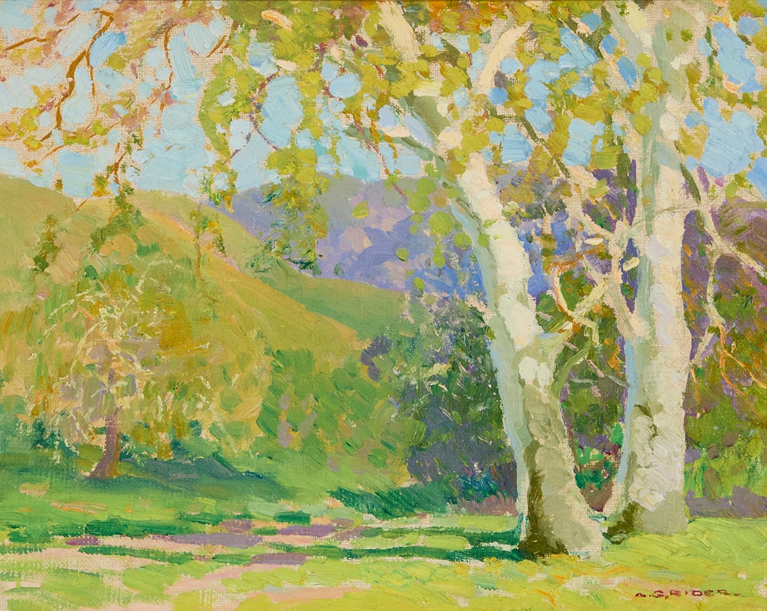 Arthur Grover Rider (1886-1975), "Laguna Canyon": Arthur Grover Rider (1886-1975) "Laguna Canyon" Oil on canvas laid to aluminum composite honeycomb panel Signed lower right: A.G. Rider; titled on a label affixed verso 12" H x 15" W Provenance: