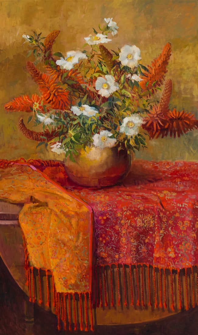 Meredith Brooks Abbott (b. 1938), "Cherokee Roses and New Cloth," 2001: Meredith Brooks Abbott(b. 1938)"Cherokee Roses and New Cloth," 2001Oil on canvasSigned and dated lower right: M.B. Abbott 01; titled on an exhibition label affixed to the frame's verso60" H x 36" W